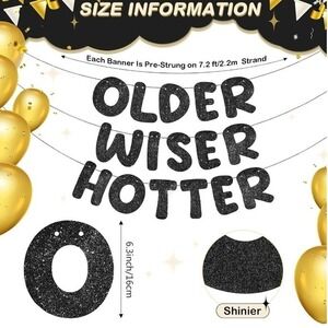 Older Wiser Hotter Black Glitter Birthday Banner Party Sign Decor